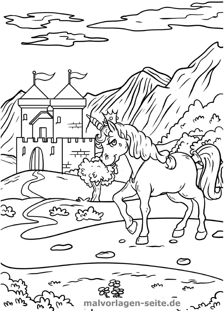 malvorlage-einhorn-vor-schloss-in-zauberhafter-landschaft