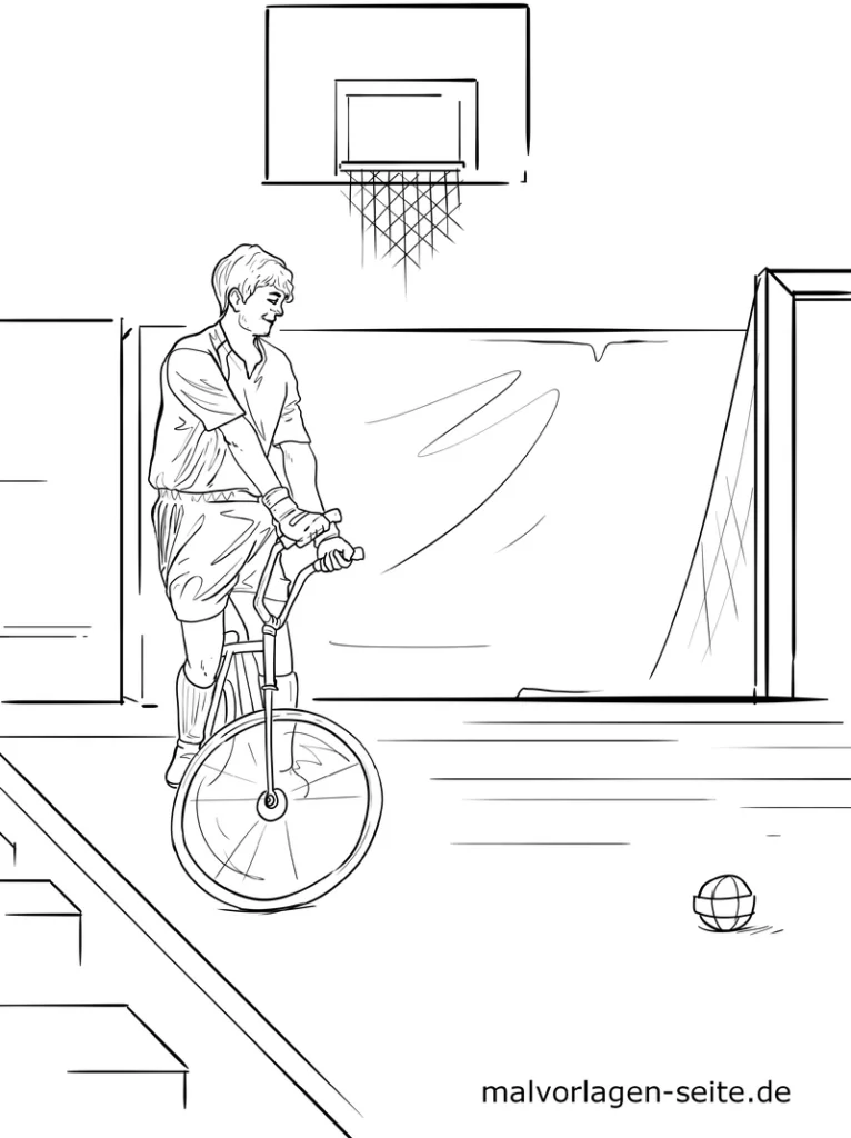 malvorlage-einradfahrer-im-basketballfeld