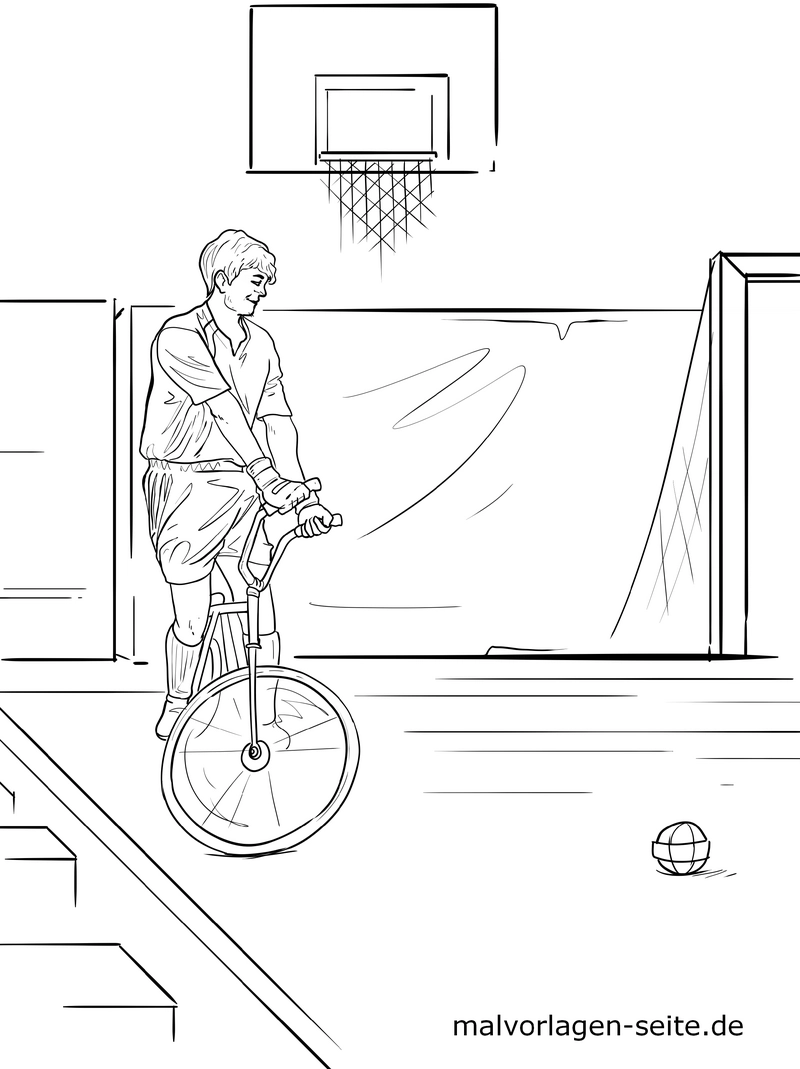 malvorlage-einradfahrer-im-basketballfeld