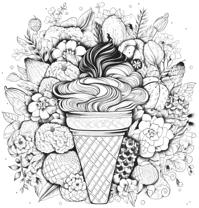 malvorlage-eis-in-waffel-und-blumen