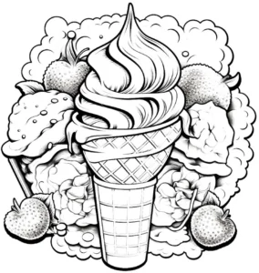 malvorlage-eiscreme-im-waffelbecher-mit-fruechten