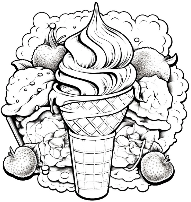 malvorlage-eiscreme-im-waffelbecher-mit-fruechten