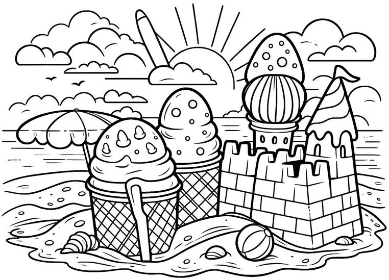 malvorlage-eiscreme-sandburg-strandlandschaft