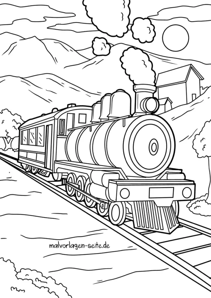 malvorlage-eisenbahn-dampflok-in-einer-malerischen-landschaft