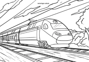 malvorlage-eisenbahn-in-bewegung-mit-wolken-und-baeumen