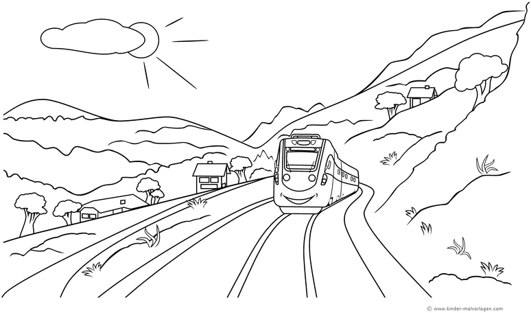 malvorlage-eisenbahn-zugfahrt-in-einer-schoenen-landschaft