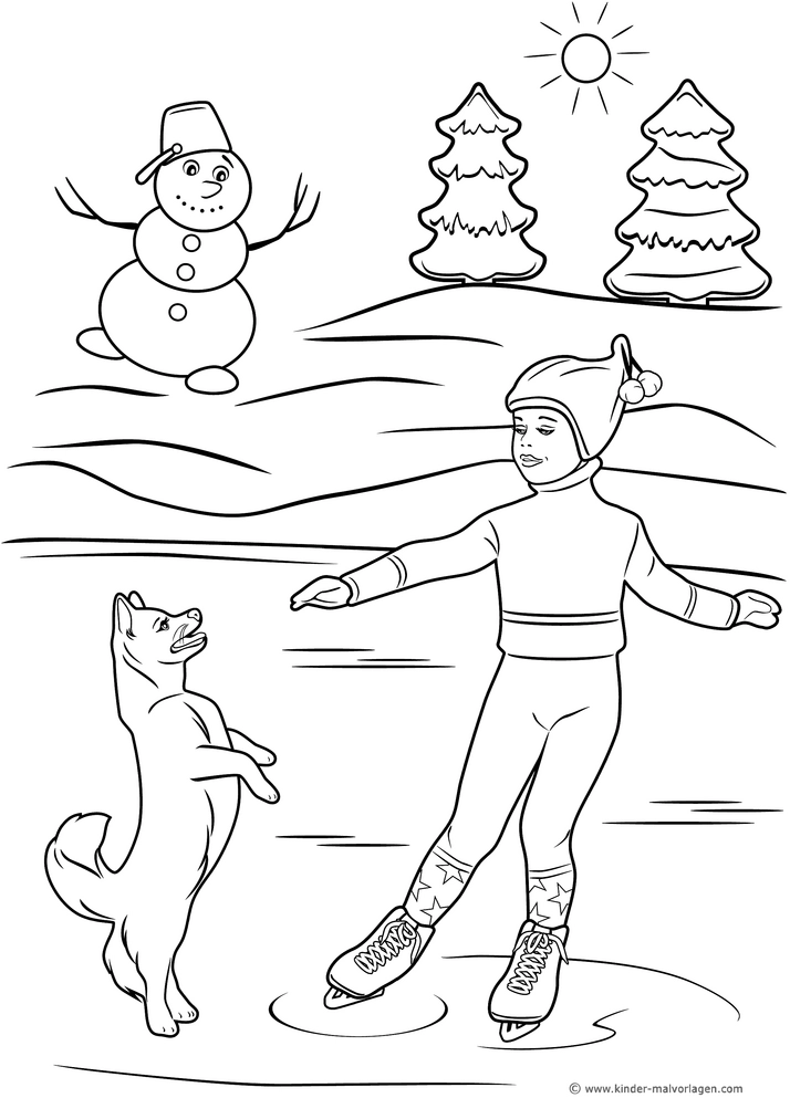 malvorlage-eiskunstlaeuferin-mit-hund-und-schneemann