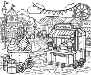 malvorlage-eisstand-mit-eissorten-und-fröhlichen-figuren