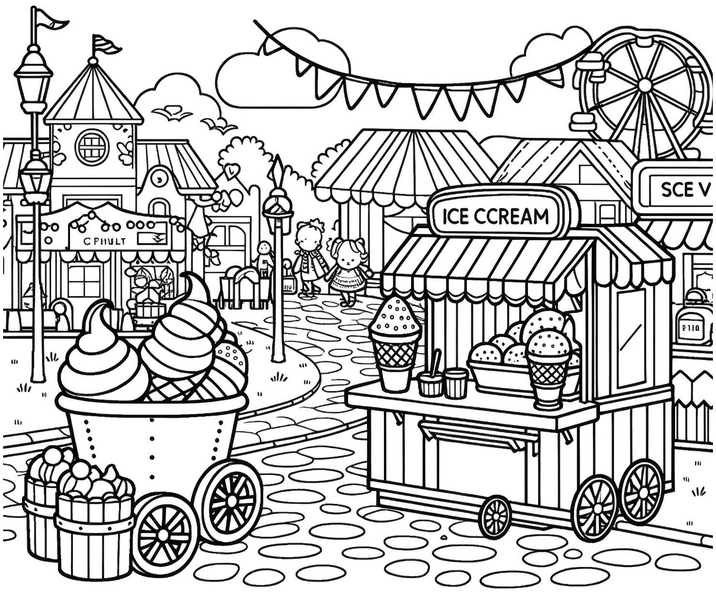 malvorlage-eisstand-mit-eissorten-und-fröhlichen-figuren