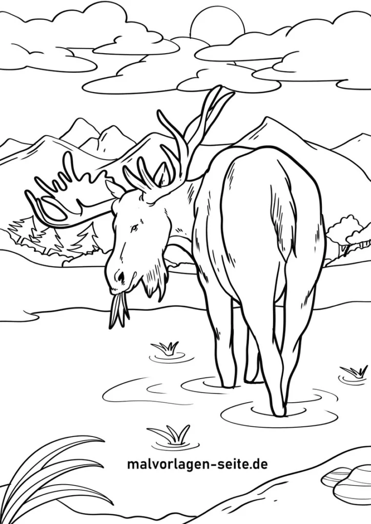 malvorlage-elch-in-der-natur-mit-bergen-und-gewaesser