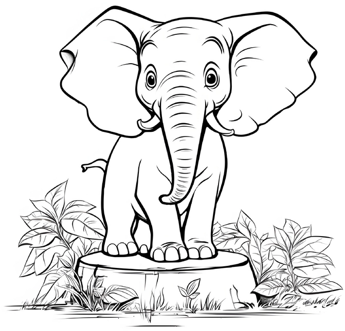 malvorlage-elefant-auf-baumstumpf-in-natur