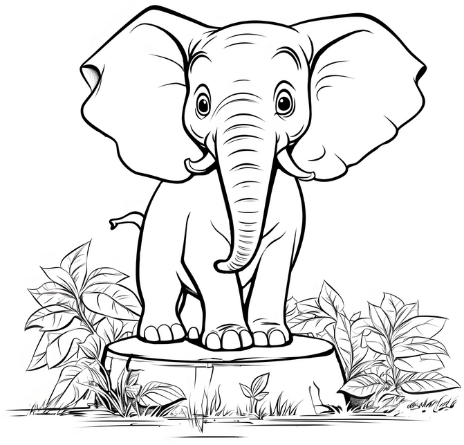 malvorlage-elefant-auf-einem-sockel-und-pflanzen