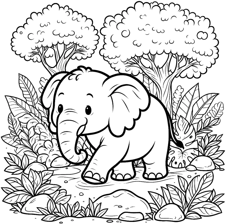malvorlage-elefant-im-dschungel-mit-pflanzen-und-baeumen