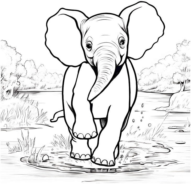 malvorlage-elefant-im-wasser-mit-fröhlichen-details
