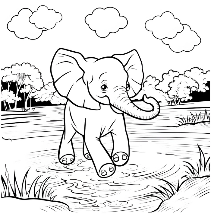 malvorlage-elefant-im-wasser-mit-natur-und-baeumen