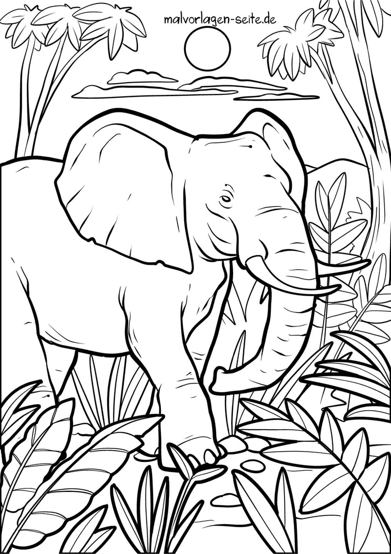malvorlage-elefant-in-der-natur-ausmalen