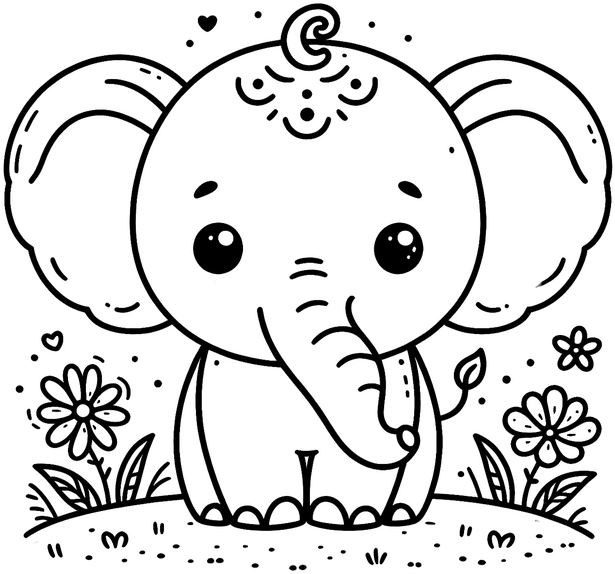 malvorlage-elefant-in-der-natur-mit-blumen-und-herzen