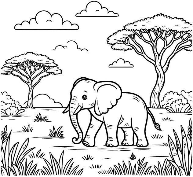 malvorlage-elefant-in-der-natur-zum-ausmalen