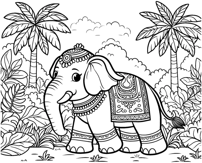 malvorlage-elefant-in-tropischer-umgebung