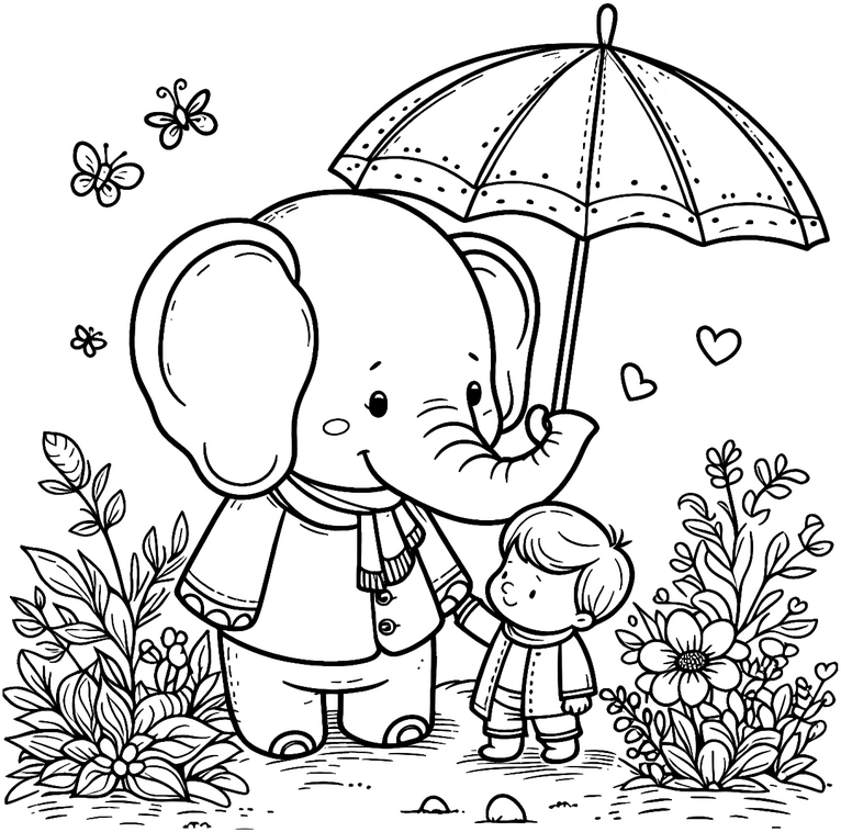 malvorlage-elefant-kind-regenschirm-natur