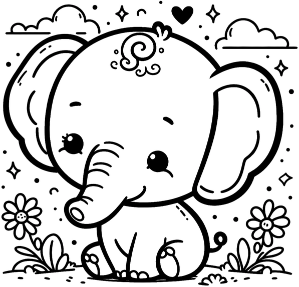 malvorlage-elefant-mit-blumen-und-wolken