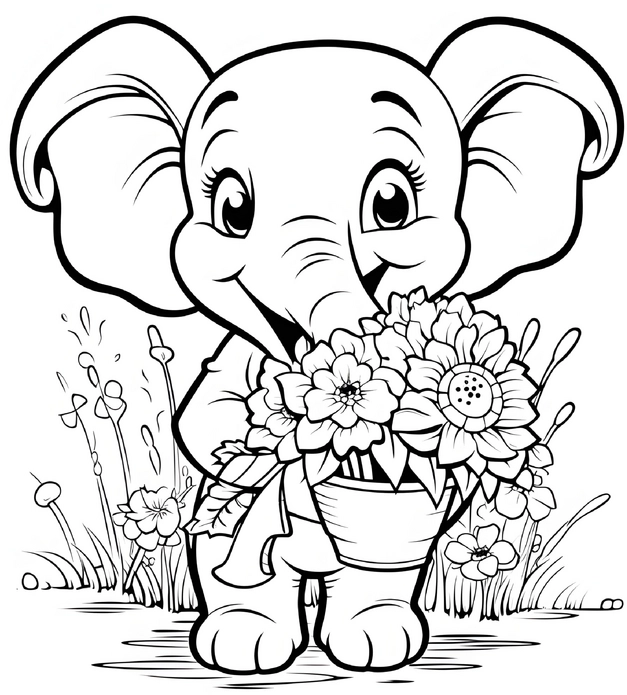 malvorlage-elefant-mit-blumenstrauss