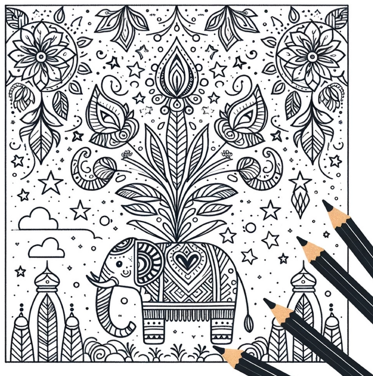 malvorlage-elefant-mit-pflanzen-und-sternen