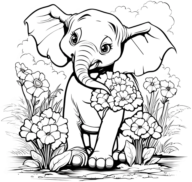 malvorlage-elefant-und-blumen