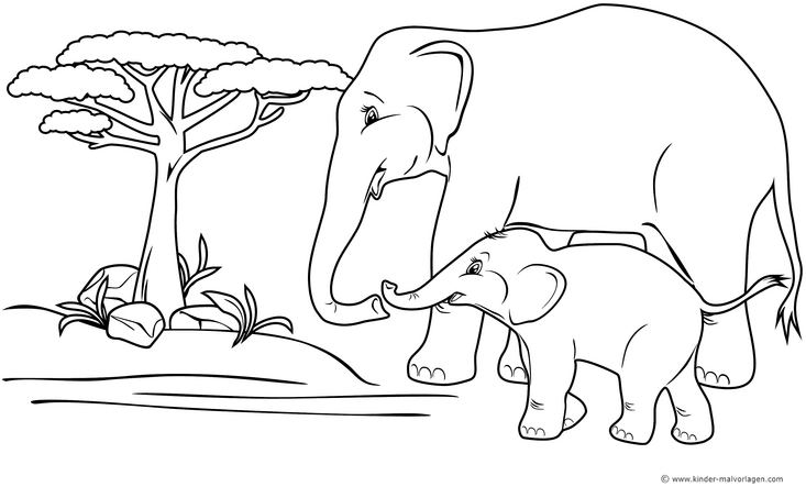malvorlage-elefant-und-elefantenbaby-in-der-natur
