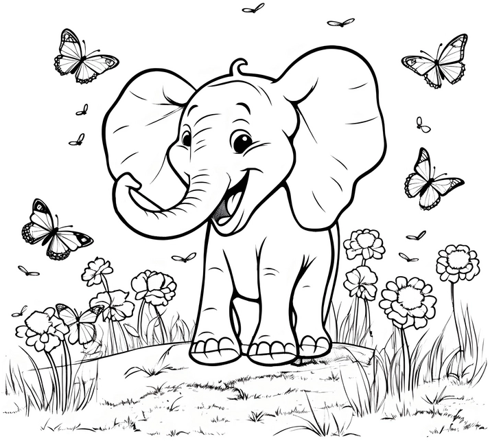 malvorlage-elefant-und-schmetterlinge-in-blumenwiese