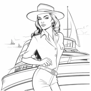 malvorlage-elegante-dame-auf-boot-mit-segelbooten
