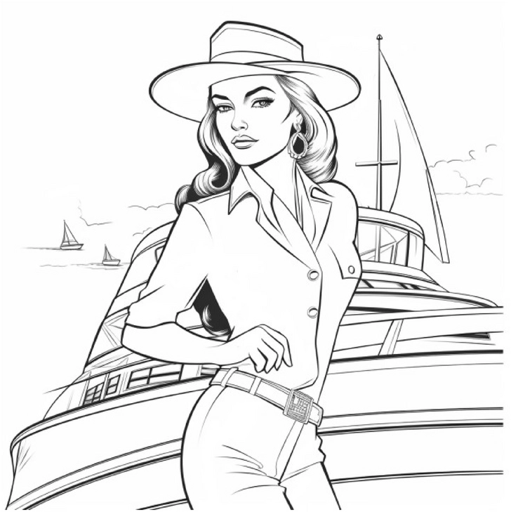 malvorlage-elegante-dame-auf-boot-mit-segelbooten