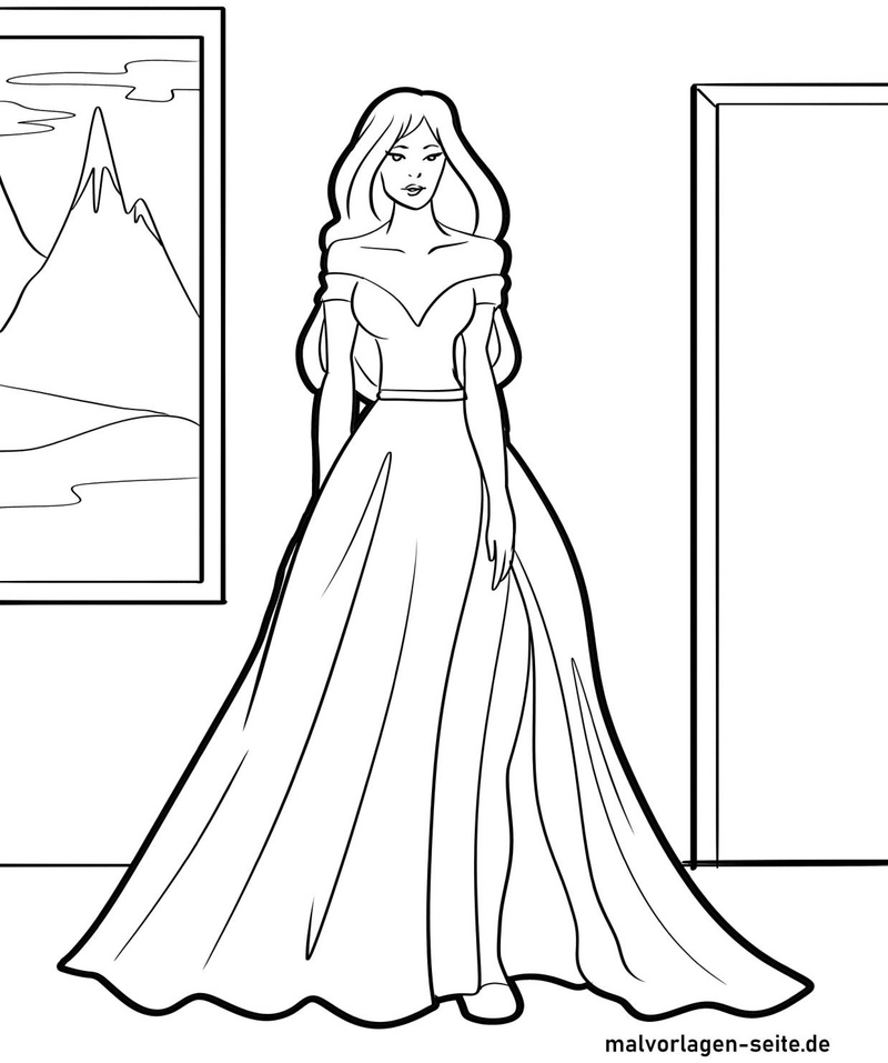 malvorlage-elegante-frau-im-abendkleid-mit-landschaft