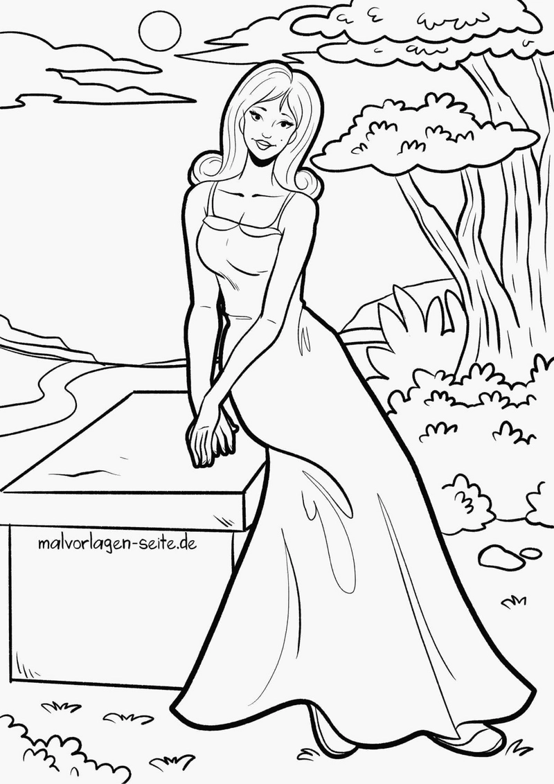 malvorlage-elegante-frau-in-traumhafter-landschaft