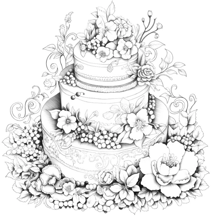 malvorlage-elegante-hochzeitstorte-mit-blumen