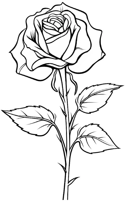 malvorlage-elegante-rose-mit-bluetenblattern