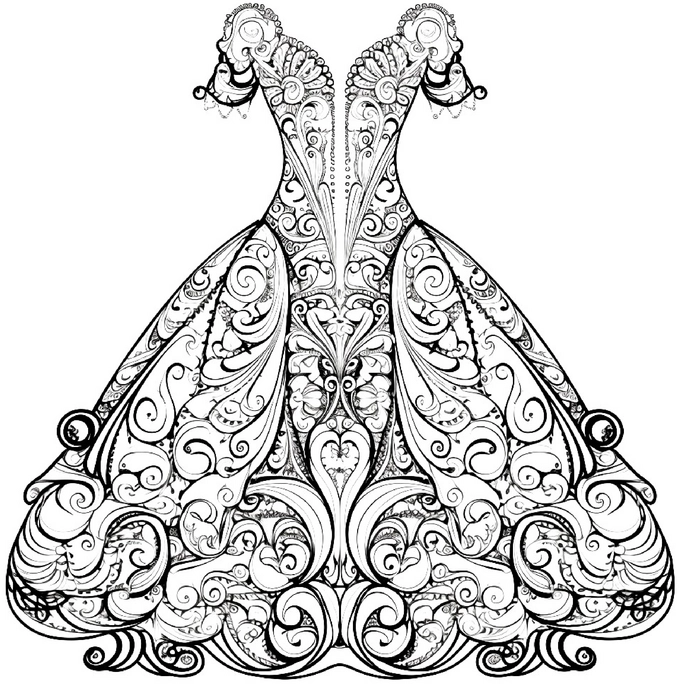 malvorlage-elegantes-kleid-mit-floralen-mustern