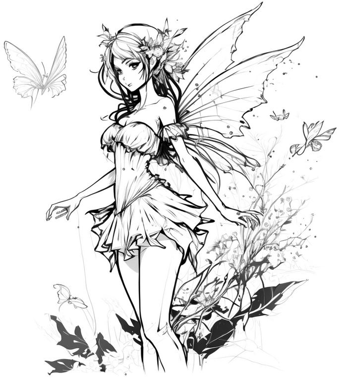 malvorlage-elfe-mit-schmetterlingen-und-blumen