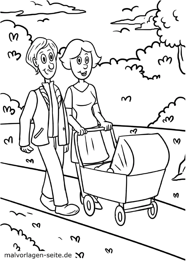 malvorlage-eltern-mit-kinderwagen-spazierengehen