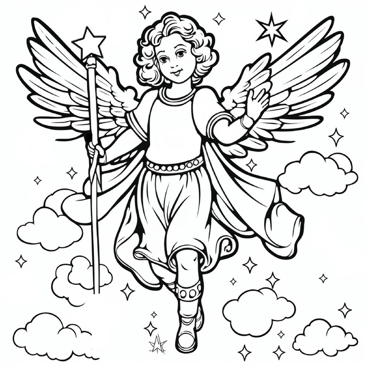 malvorlage-engel-fliegender-engel-mit-sternen