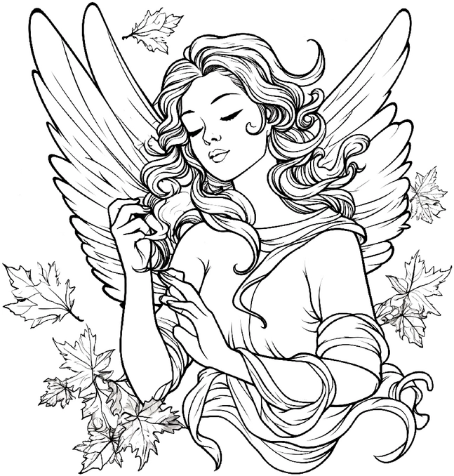 malvorlage-engel-herbstliche-blaetter
