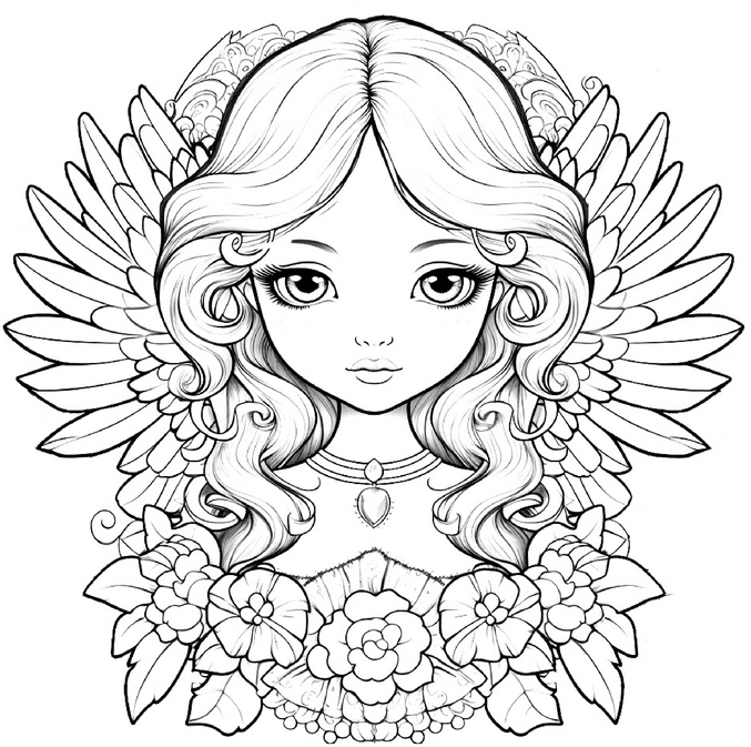 malvorlage-engel-mit-blumen-und-fluegel