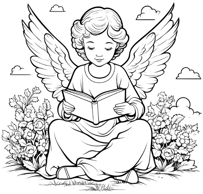 malvorlage-engel-mit-buch-und-blumen