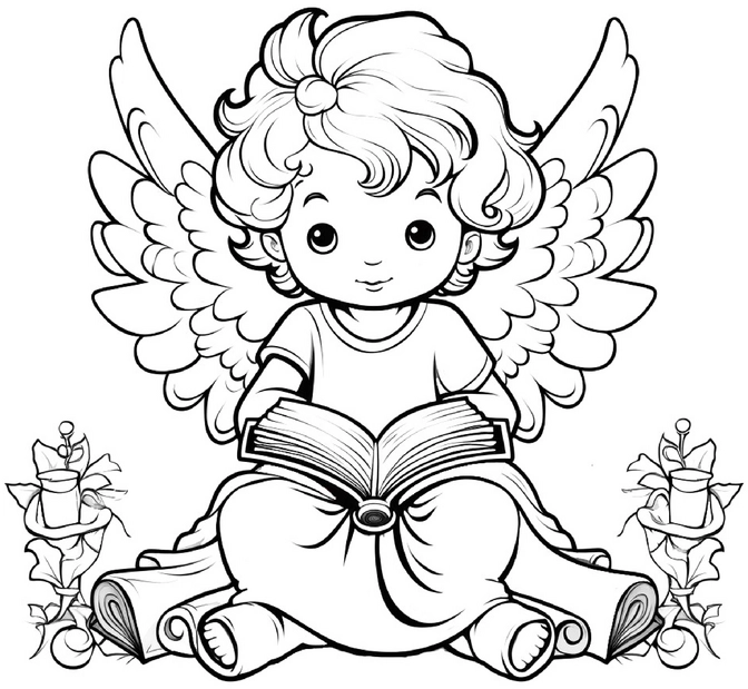 malvorlage-engel-mit-buch-und-pflanzen