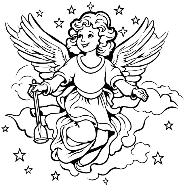 malvorlage-engel-mit-sternen-und-wolken