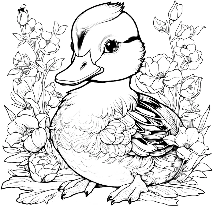malvorlage-ente-blumen-ausmalbild