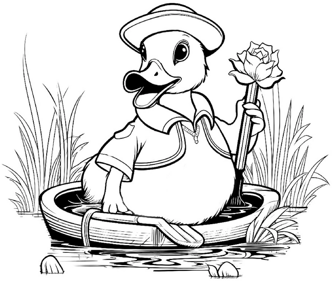 malvorlage-ente-im-boot-mit-blume-und-pflanzen