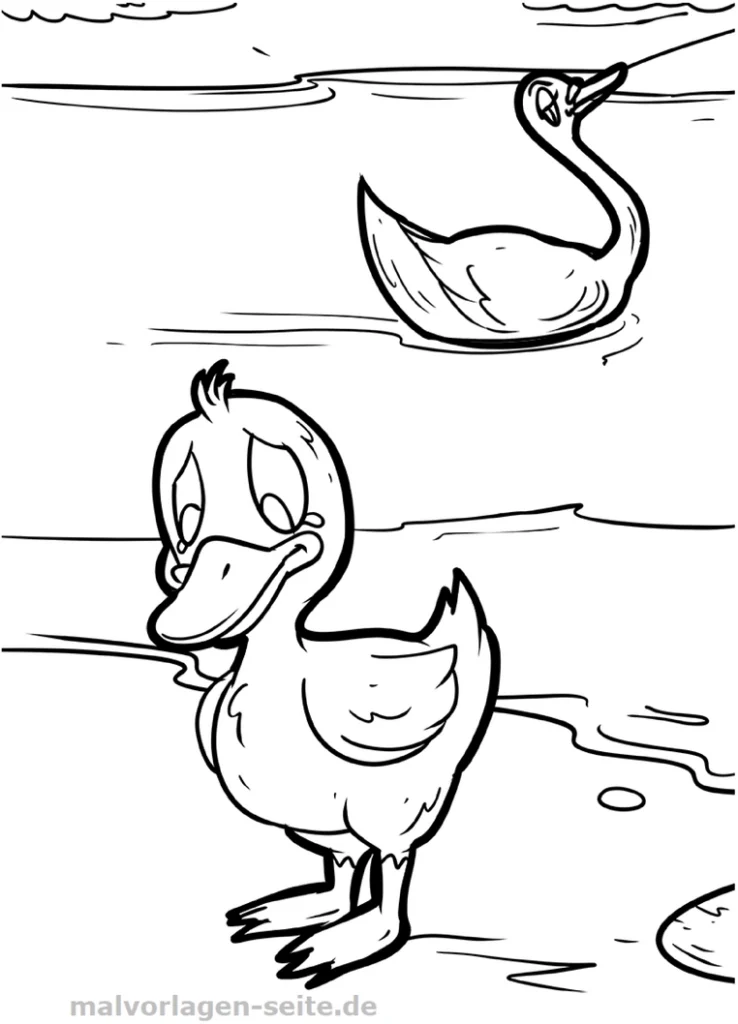 malvorlage-entlein-und-schwan-am-wasser