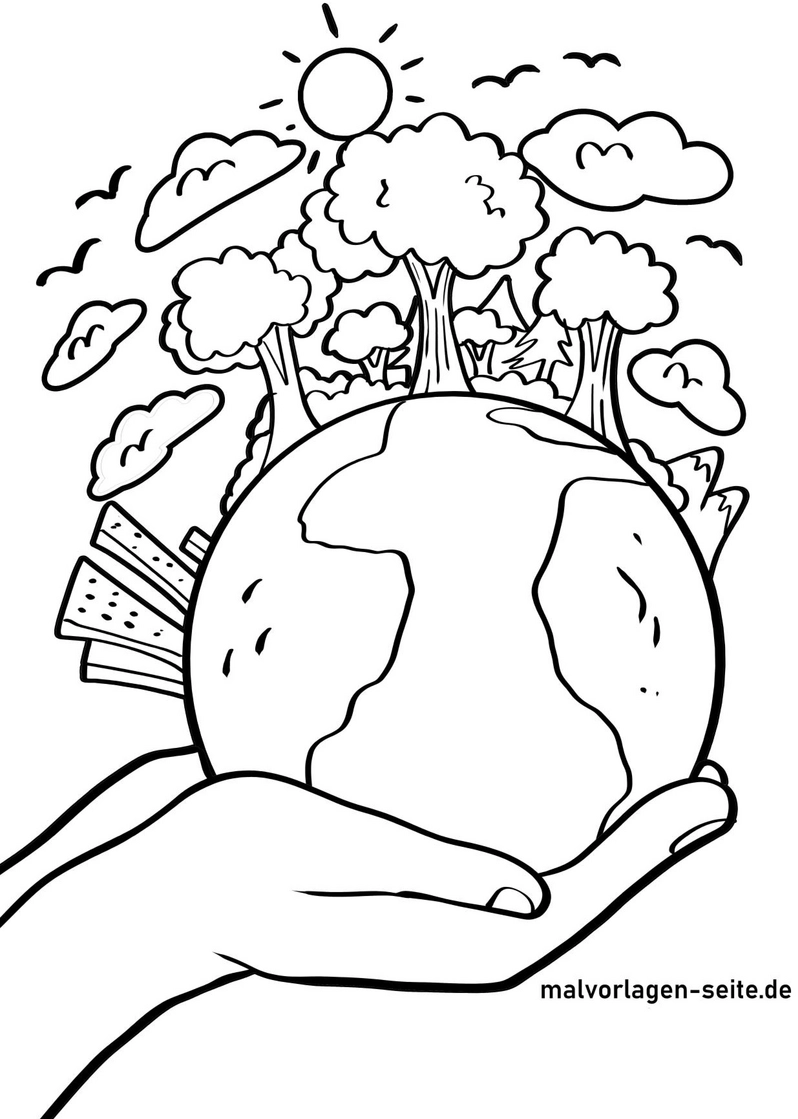 malvorlage-erde-in-hand-mit-baeumen-und-sonne