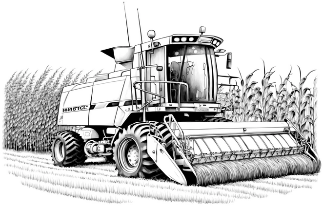 malvorlage-erntemaschine-im-maisfeld